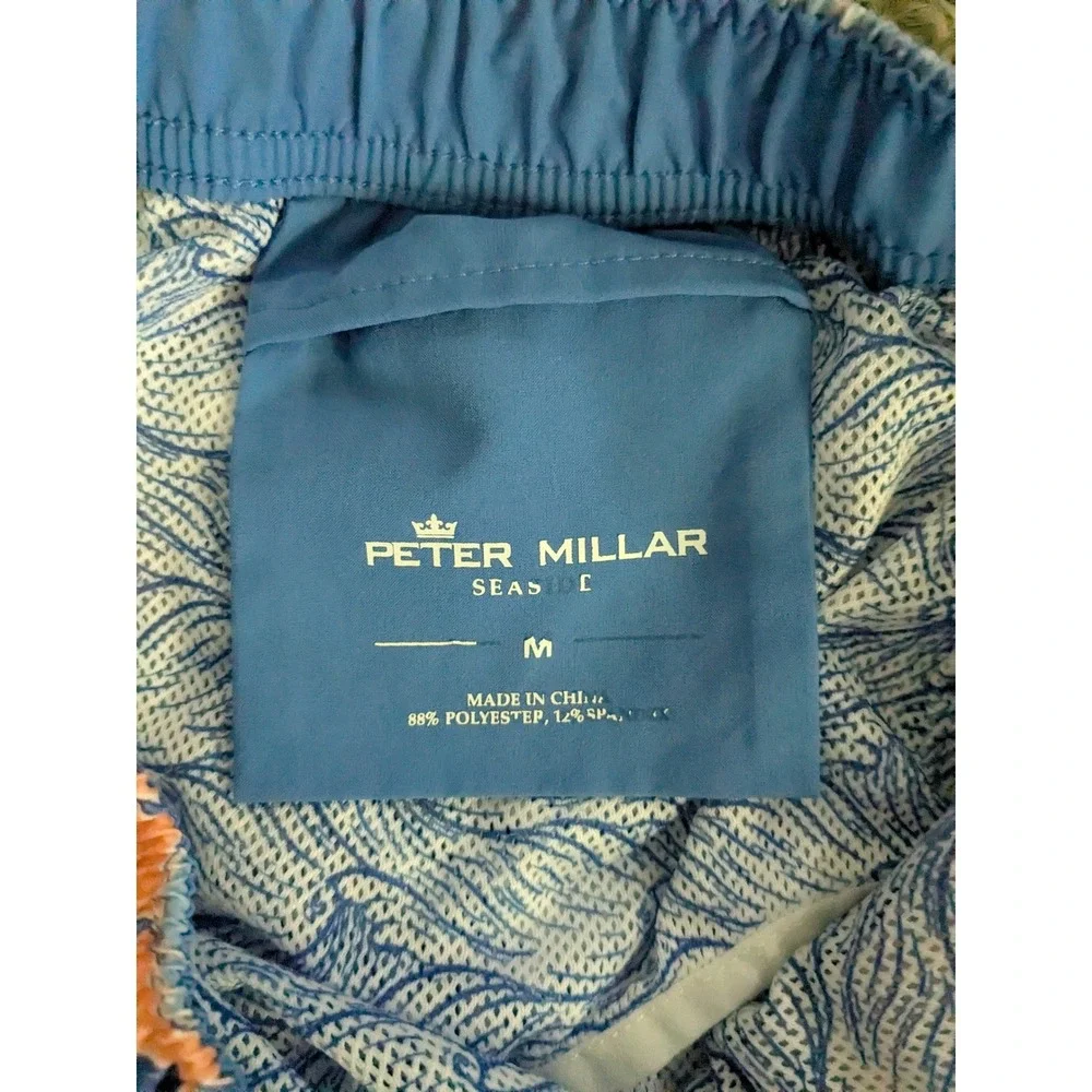 Peter Millar Seaside Mens Swim Trunks Peach Blue Mahi Mahi Fish Print Size M